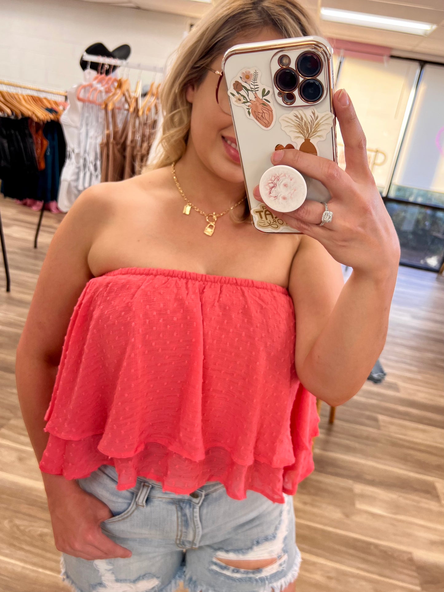 Coral Dot Flare Top