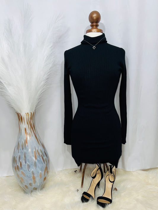 Stephanie - Long Sleeve Turtleneck Black Dress - Offbeat Boutique
